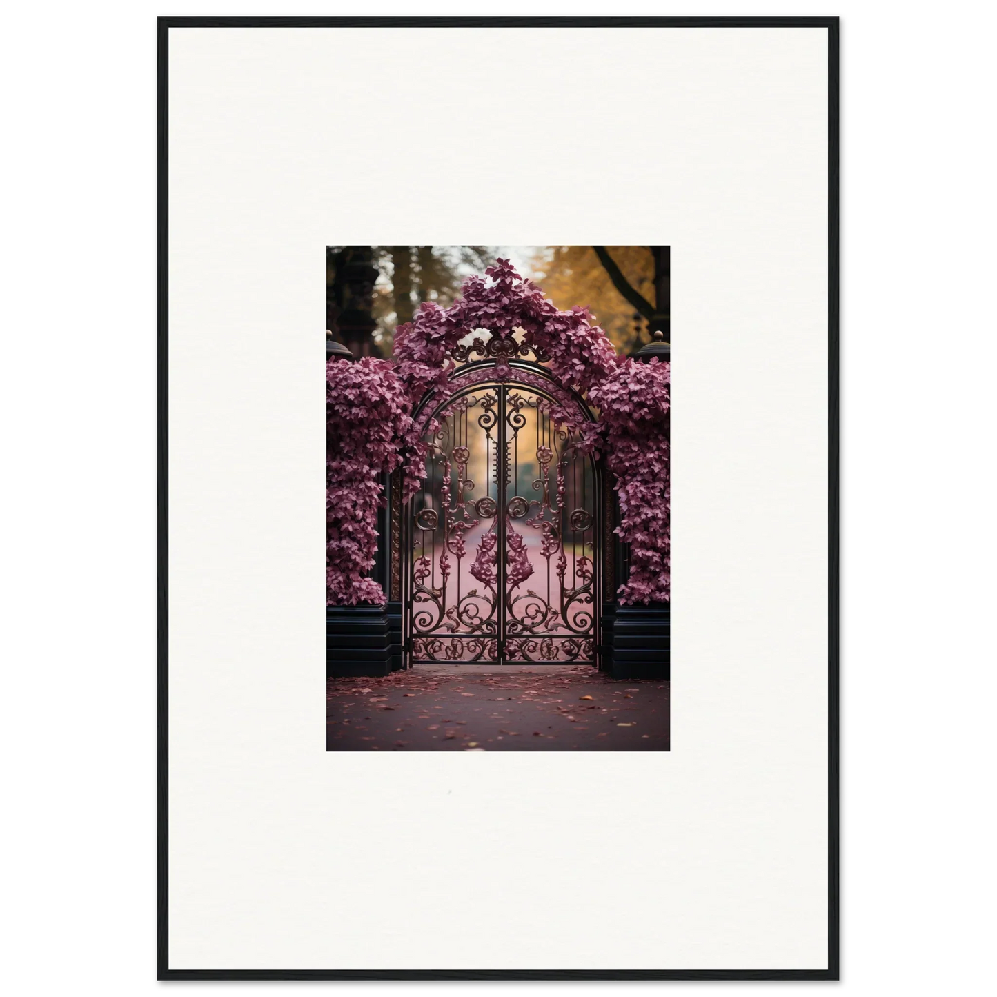 Ornate wrought iron gate with pink cherry blossoms for Prāt Butterfly Turntables art