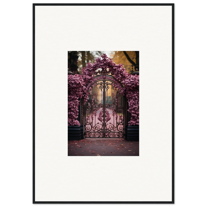 Ornate wrought iron gate with pink cherry blossoms for Prāt Butterfly Turntables art