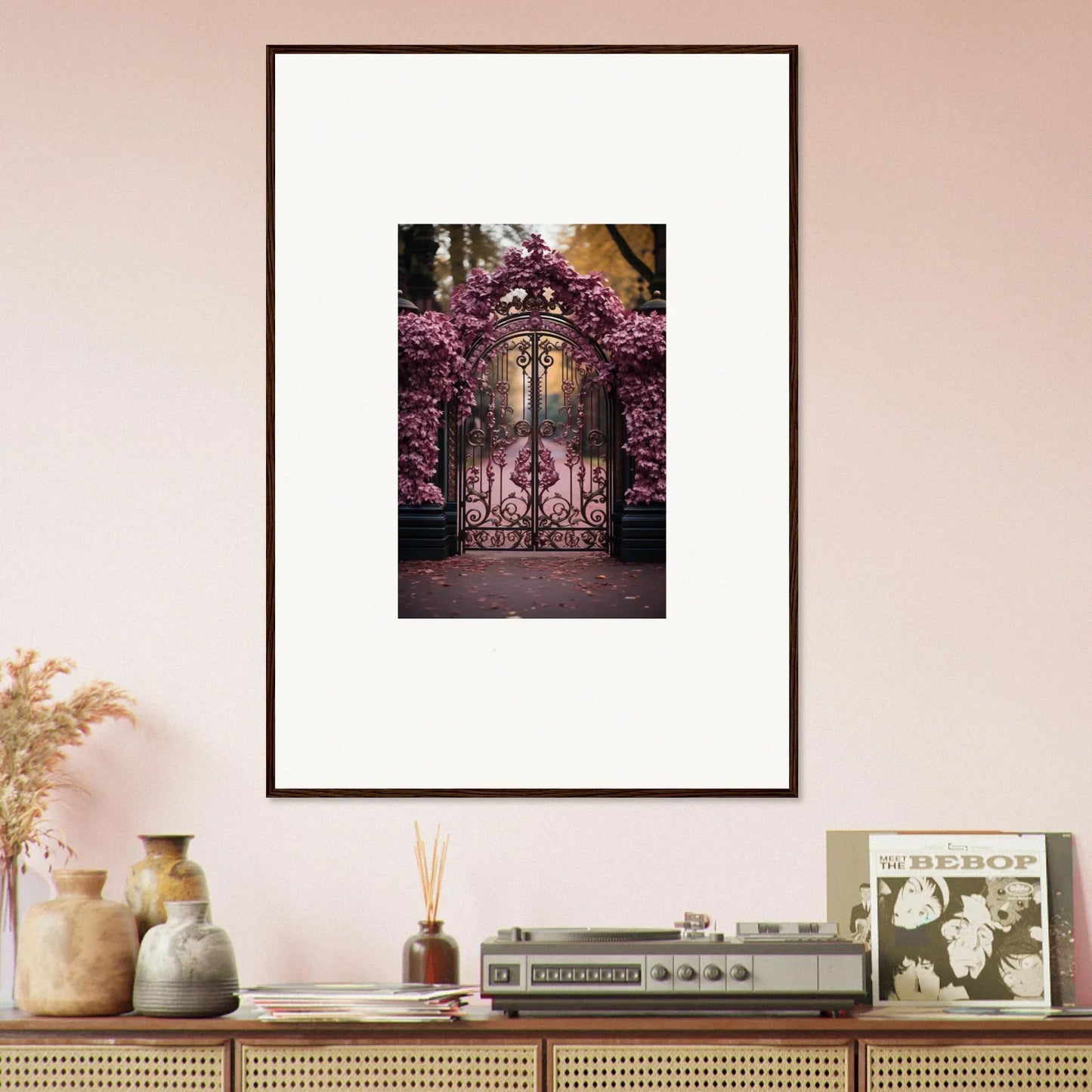 Framed wall art of ornate iron gate with cherry blossoms for Prāt Butterfly Turntables