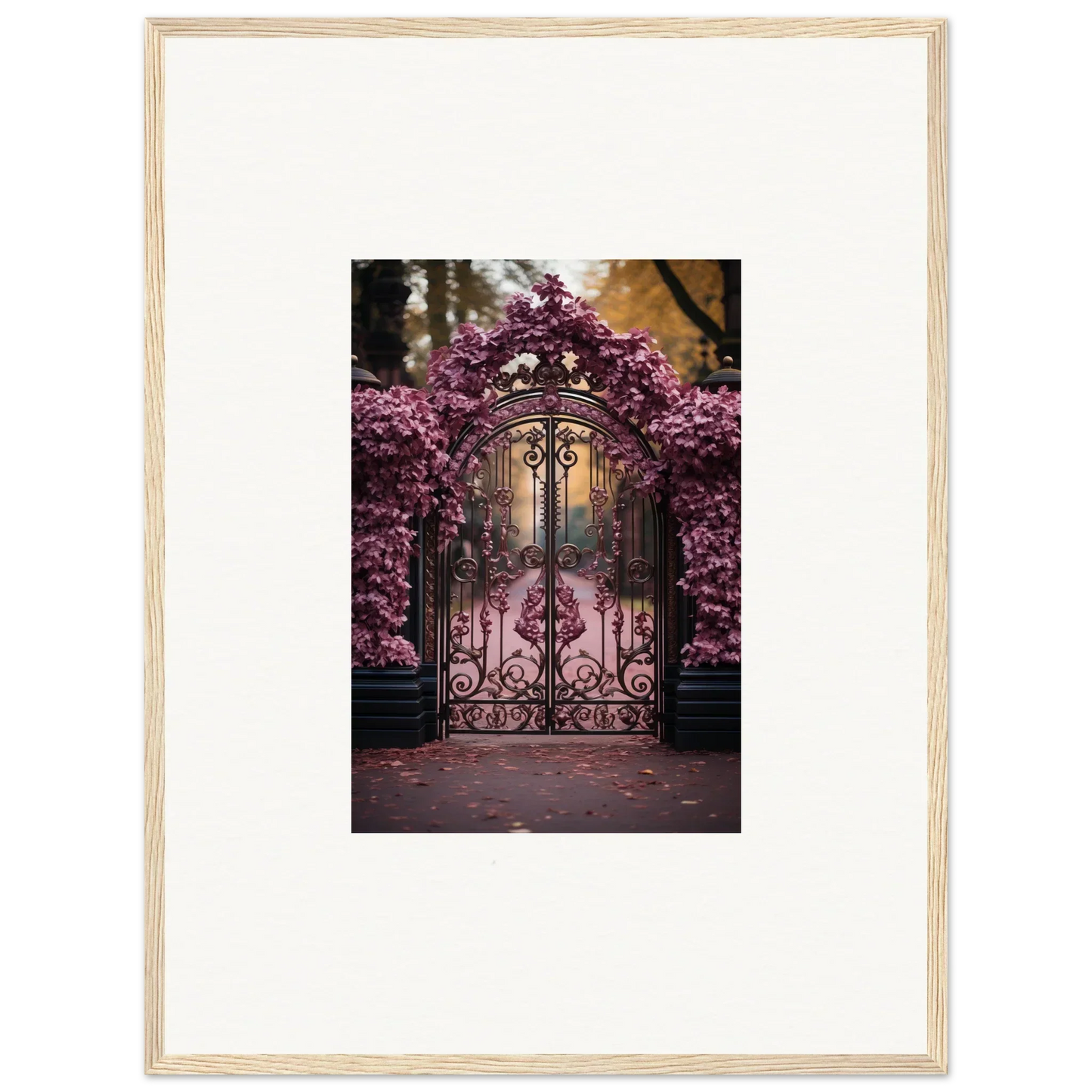 Ornate wrought iron gate with pink cherry blossoms for Prāt Butterfly Turntables art