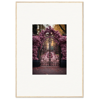 Ornate wrought iron gate with pink cherry blossoms for Prāt Butterfly Turntables art