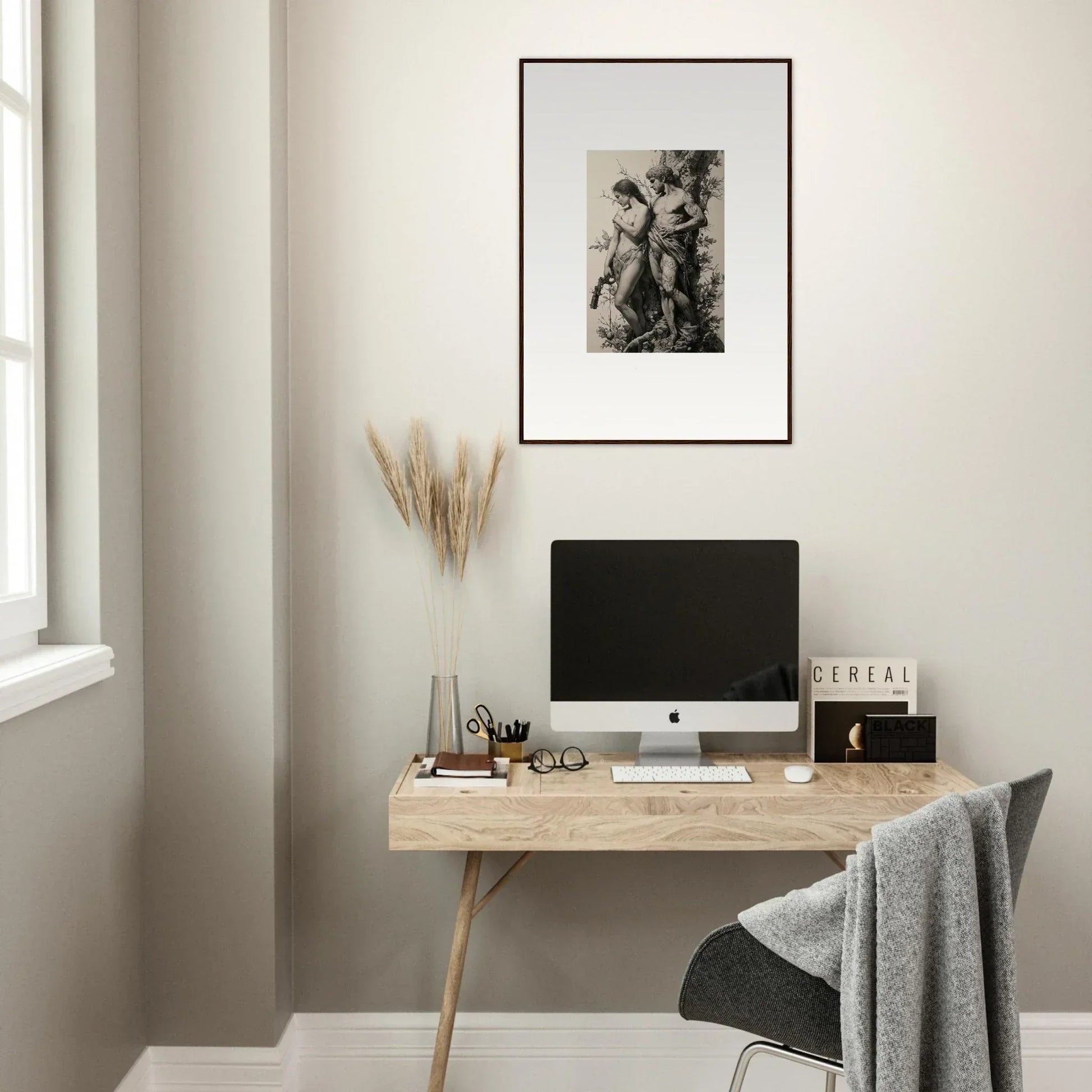 Minimalist wooden desk with computer monitor and stylish room decor featuring fragment souls