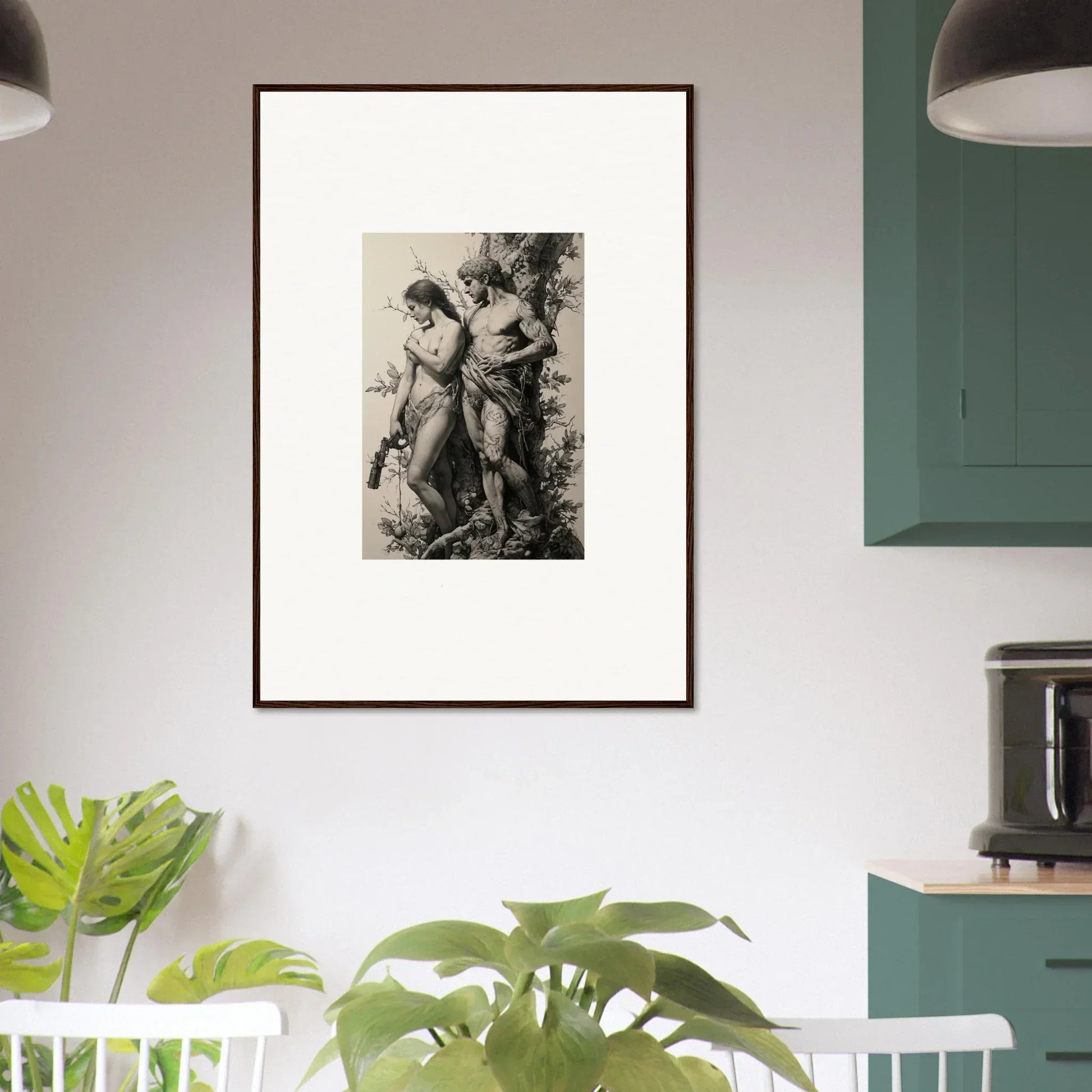 Framed black and white wall art of two figures, perfect for romantic room decor