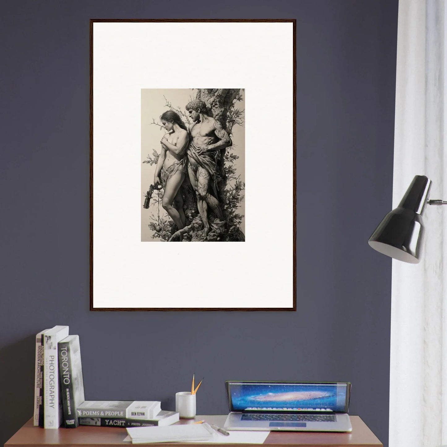 Framed black and white wall art of two figures, perfect for romantic room decor