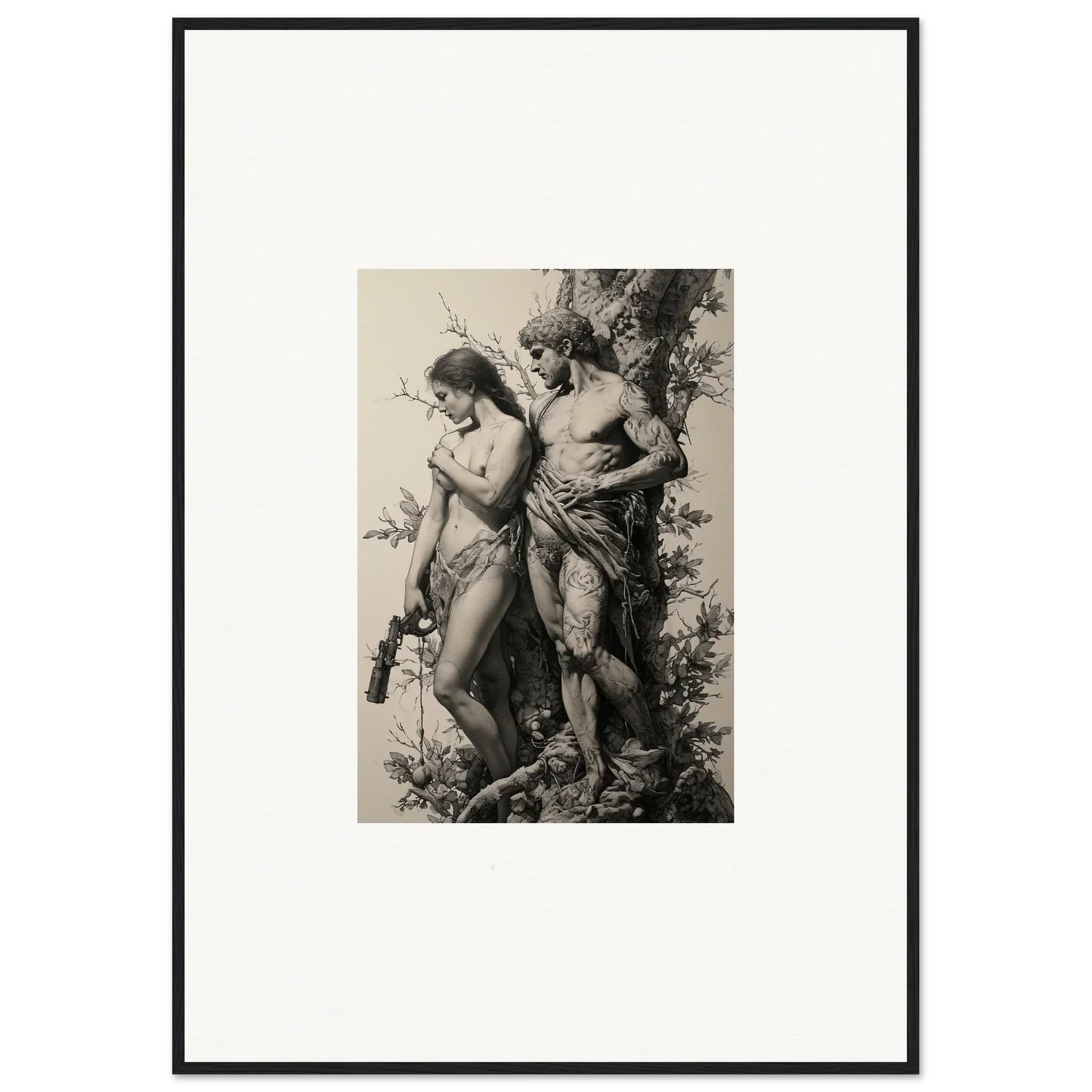 Framed black and white wall art of nude figures in embrace, ideal for room decor