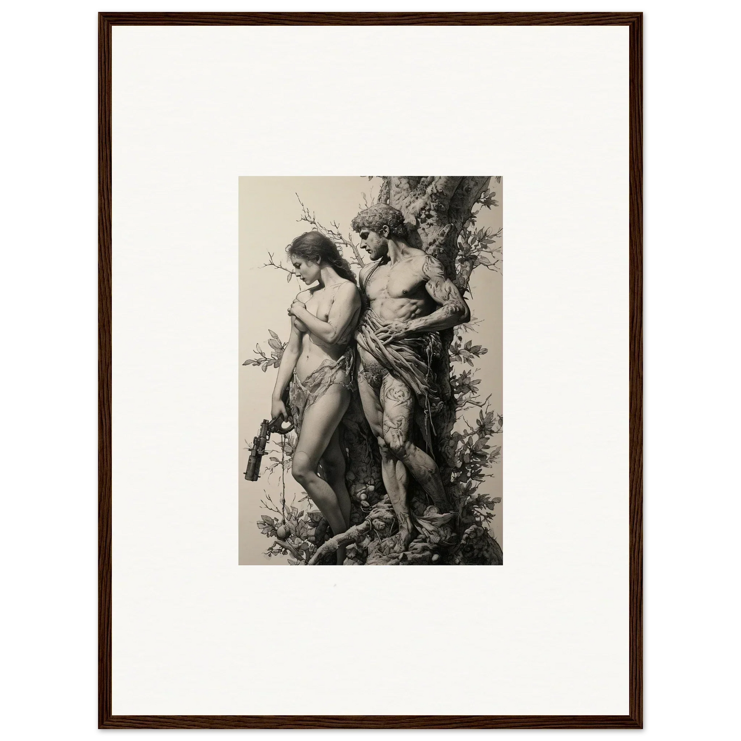 Framed black and white artwork of nude figures, perfect for room decor in Fragment Souls