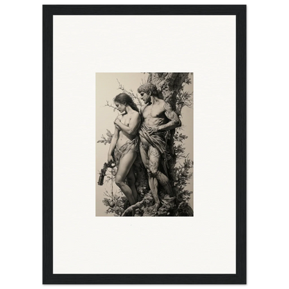 Framed black and white wall art of nude figures in a romantic scene for elegant room decor