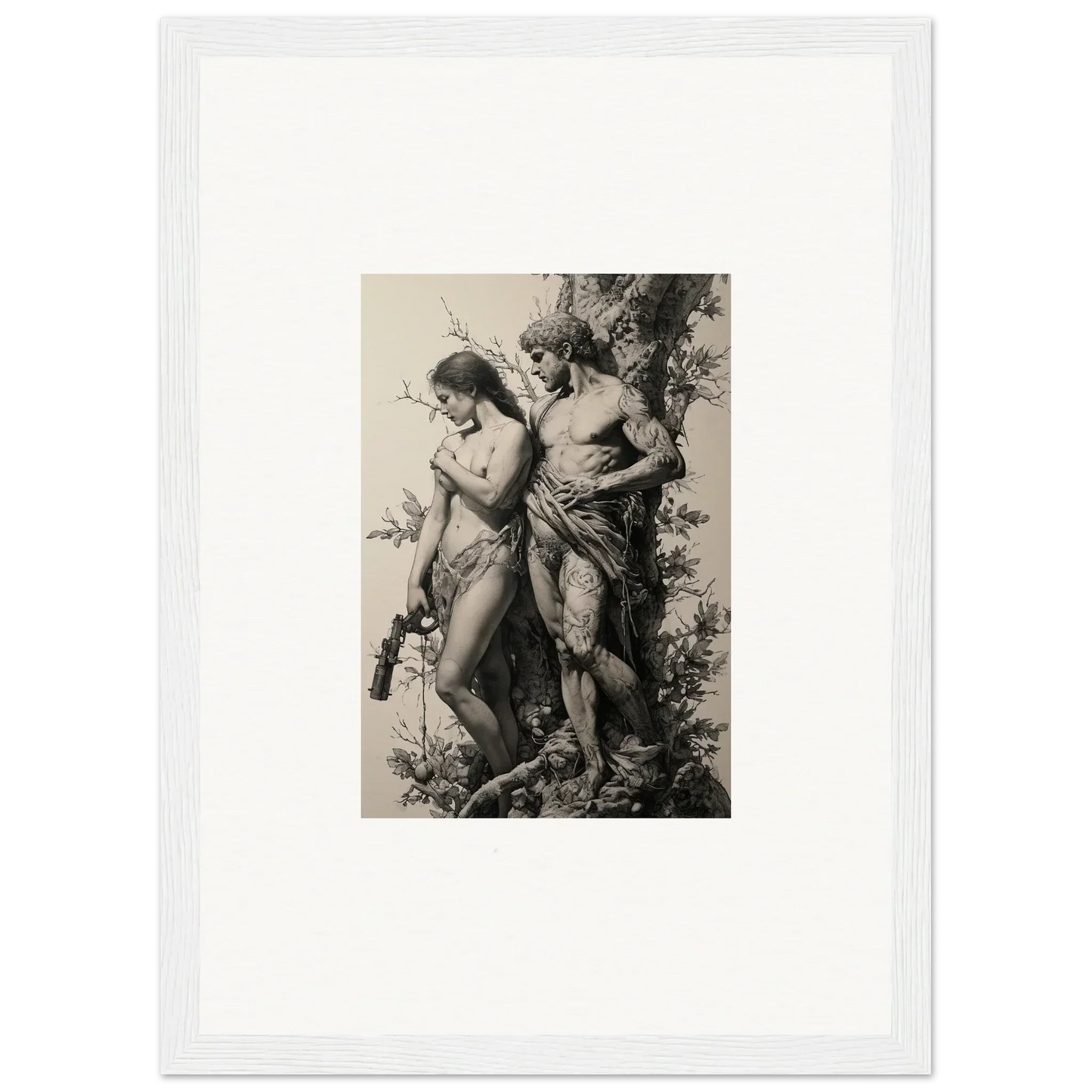 Framed black and white artwork of nude figures among foliage for elegant room decor