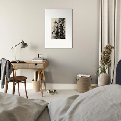 Cozy bedroom with minimalist desk area and framed wall art for stylish room decor