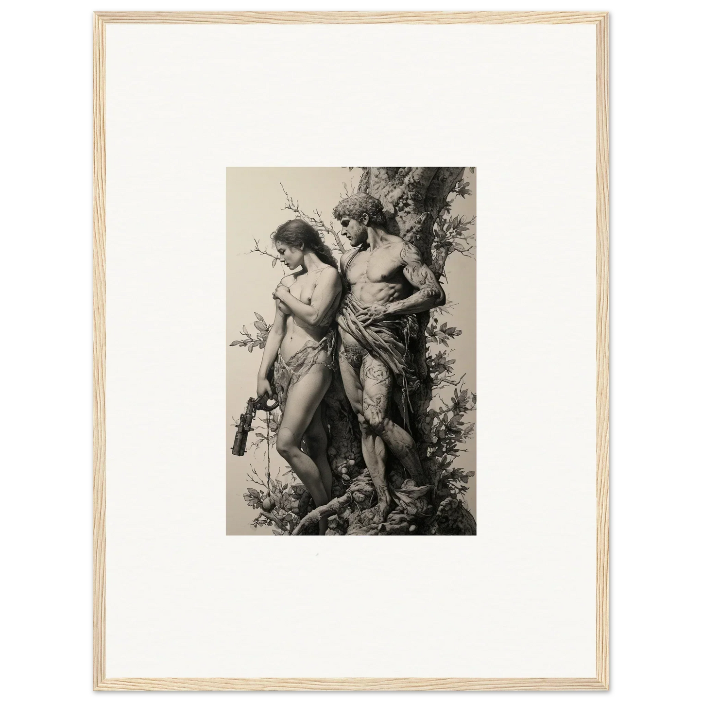 Framed black and white wall art of nude figures in a romantic scene for elegant room decor