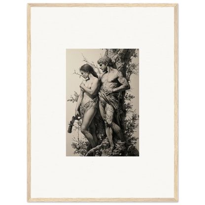 Framed black and white wall art of nude figures in a romantic scene for elegant room decor