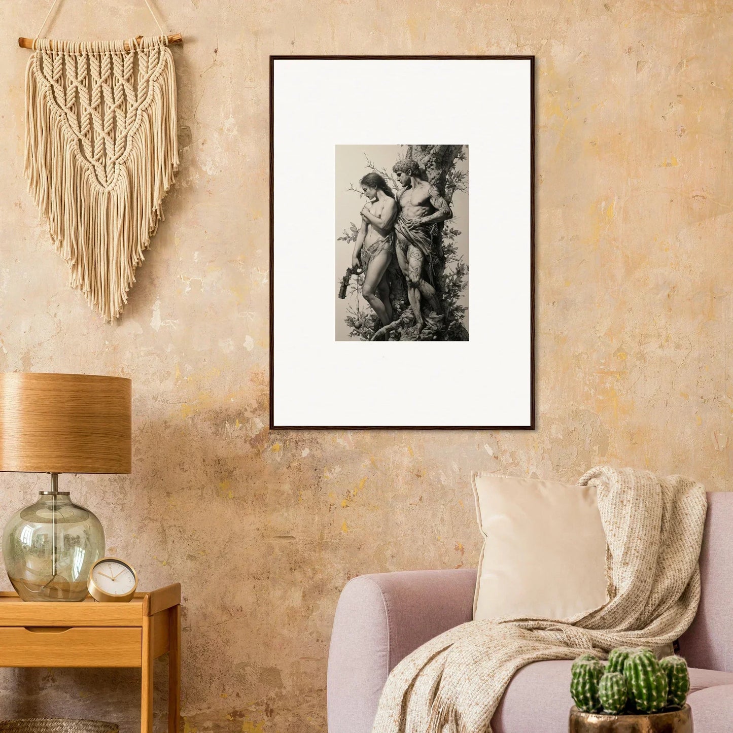 Framed black and white artwork of classical figures for unique room decor showcasing Fragment Souls