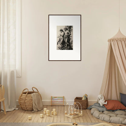 Framed black and white artwork of mythological figures for elegant room decor