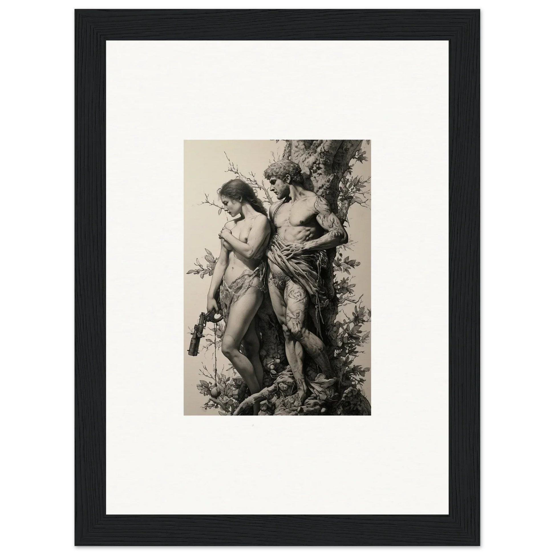 Framed black-and-white artwork of romance in foliage, ideal for elegant room decor