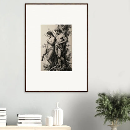 Framed black and white wall art of nude figures, ideal for unique room decor