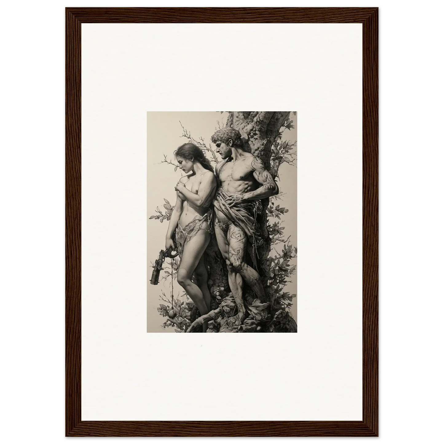 Framed black and white wall art of nude figures among foliage for unique room decor