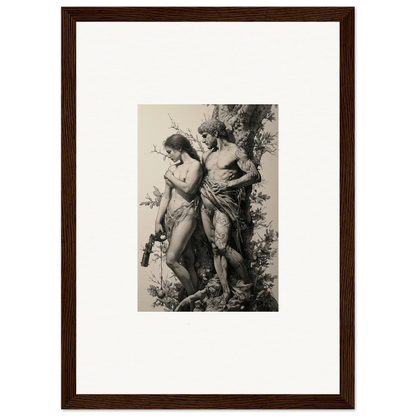 Framed black and white wall art of nude figures among foliage for unique room decor