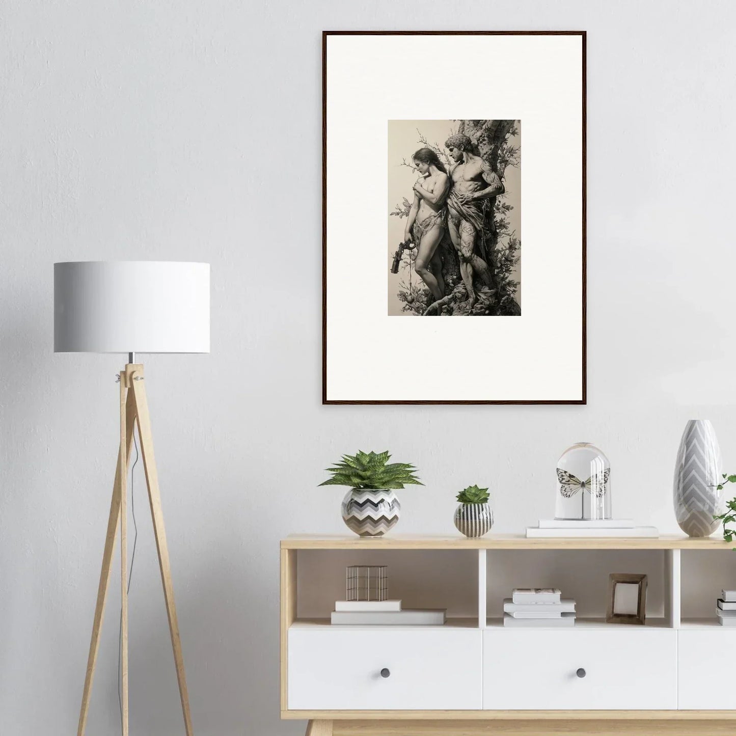 Framed wall art featuring classical figures in a romantic scene, ideal for room decor