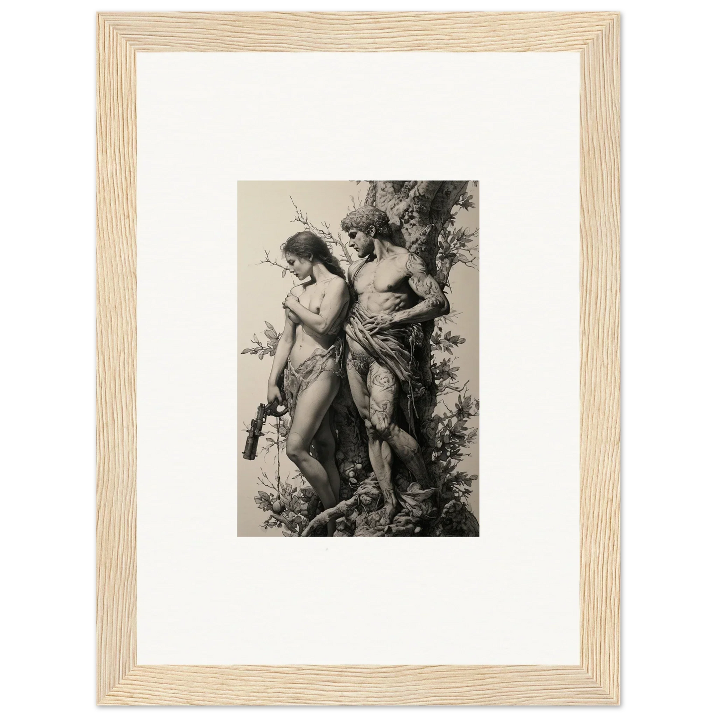 Framed black and white artwork of nude figures in foliage for stylish room decor