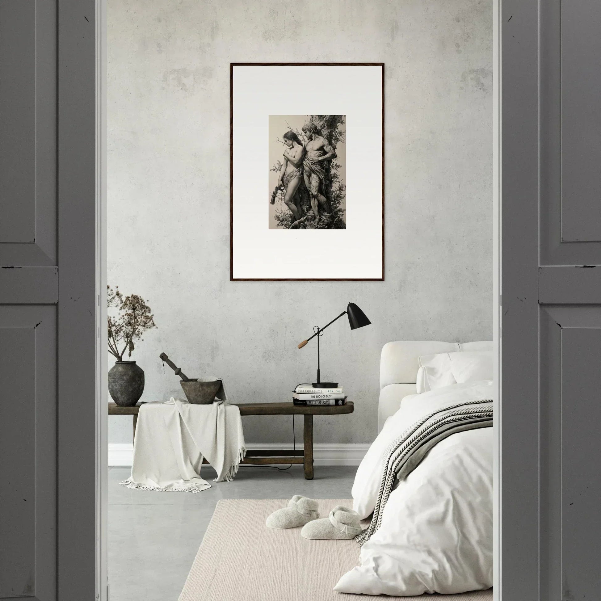 Framed black and white artwork of two figures for stylish room decor featuring Fragment Souls