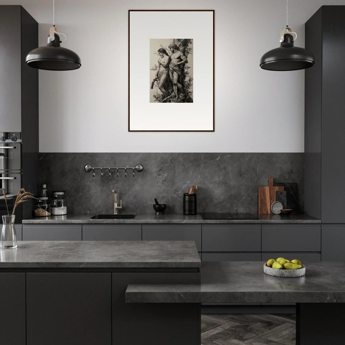 Modern kitchen with dark gray cabinetry, pendant lights, and framed wall art for stylish decor