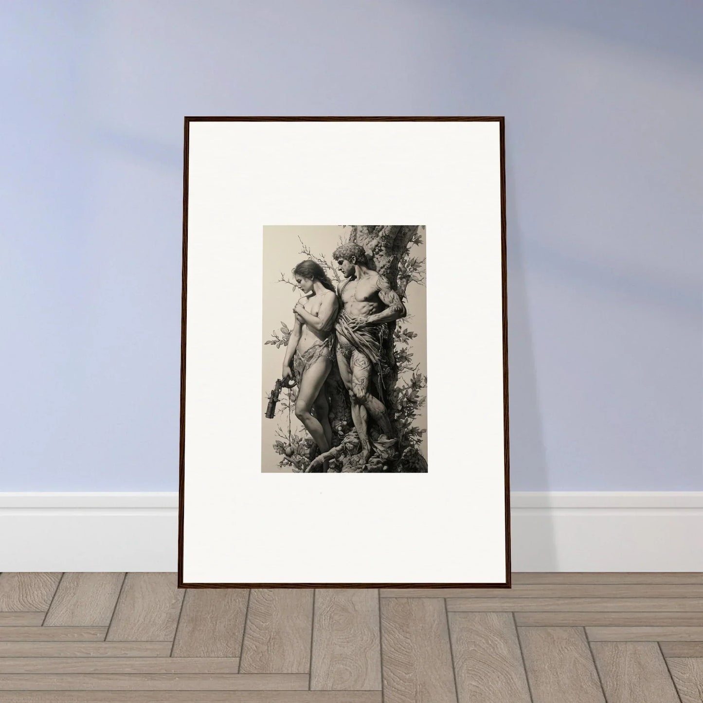 Framed black and white wall art of two nude figures for unique room decor, Fragment Souls