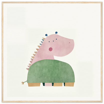 Cute cartoon dinosaur with pink head and green body perfect for nursery wall art