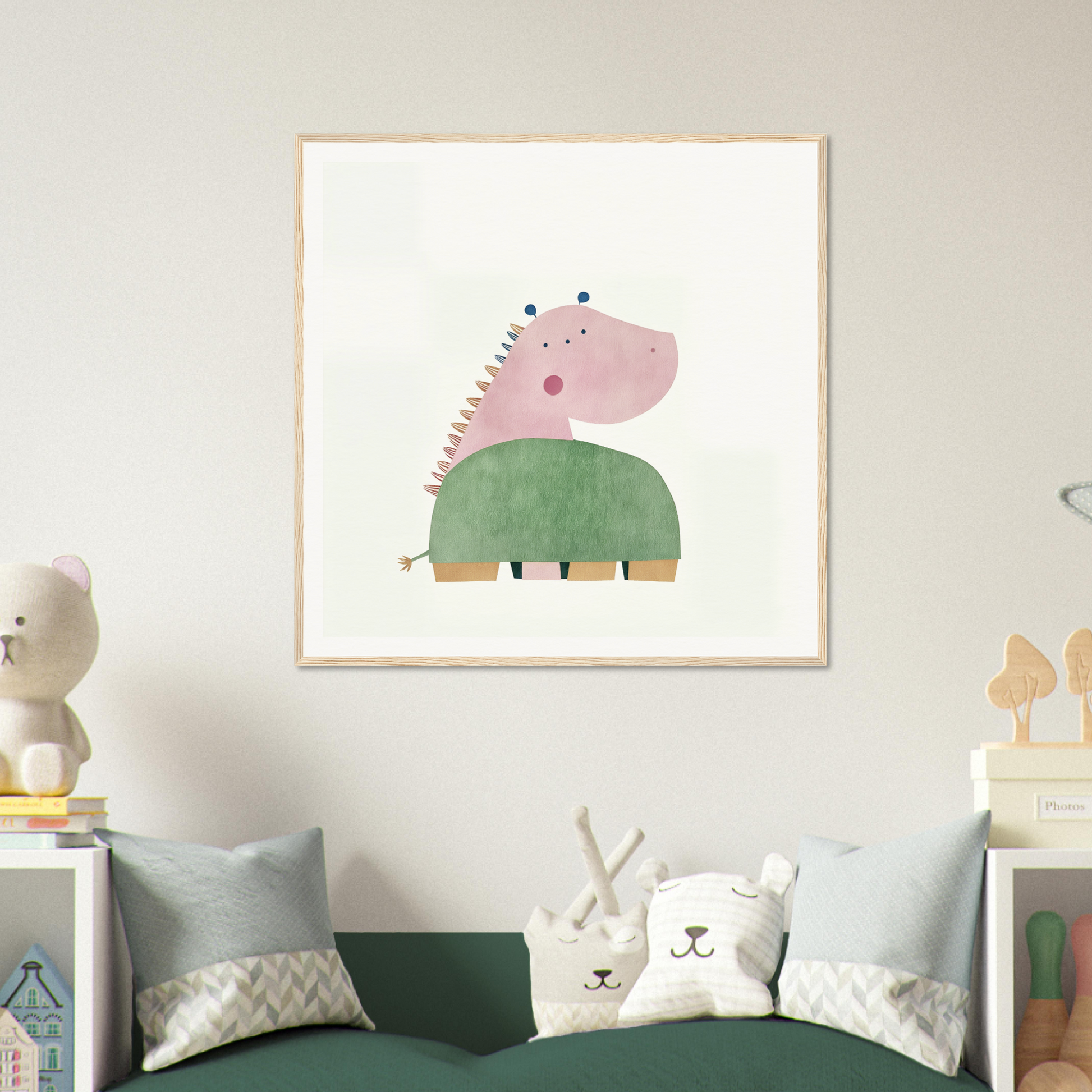 Pink dinosaur in a green sweater for cute nursery wall art or decor