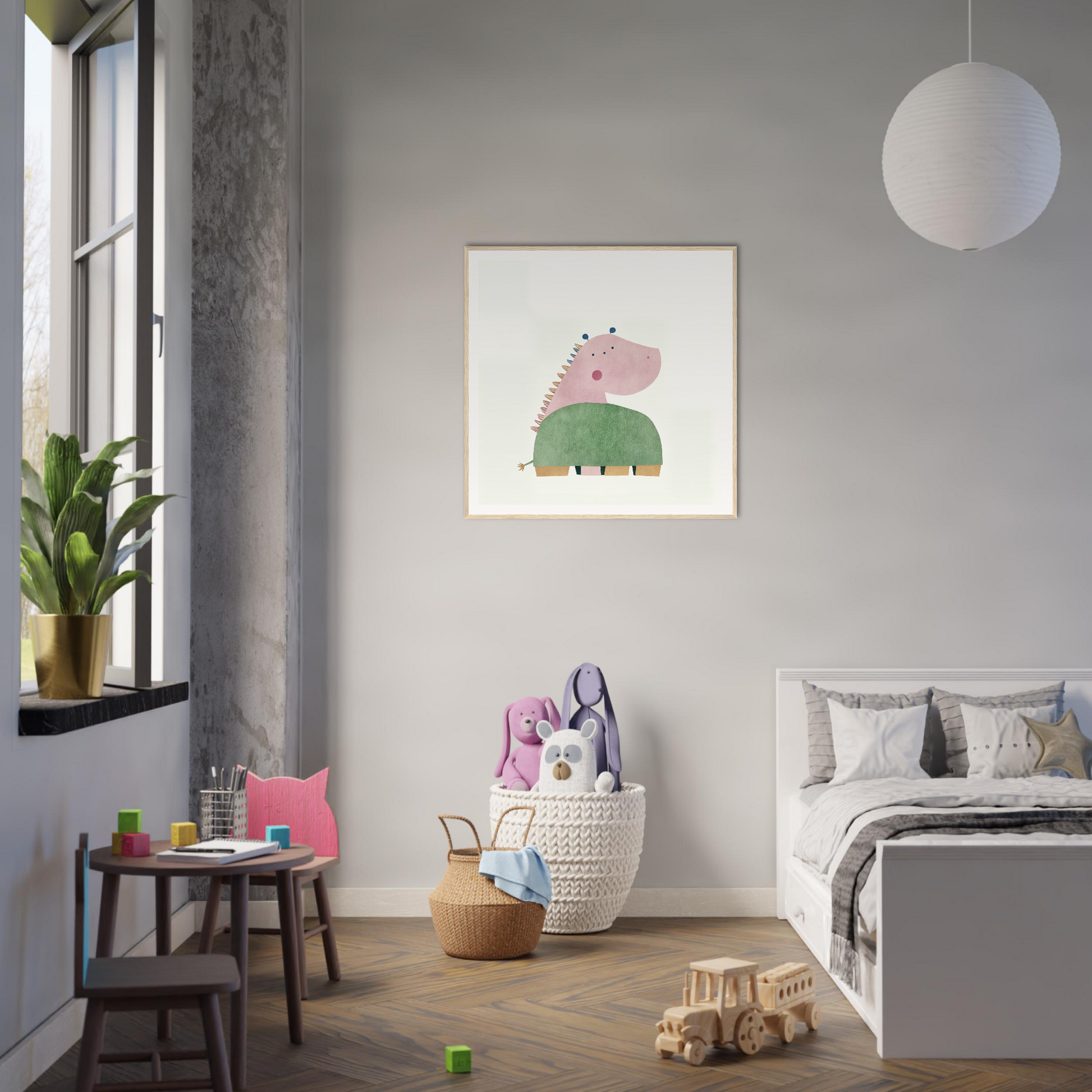 Framed poster of a cute pink hippo in a green shirt for fun nursery decor