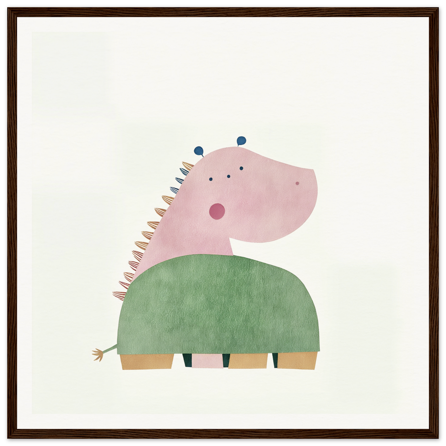 Cute cartoon dinosaur in a green sweater for fun nursery wall art or decor