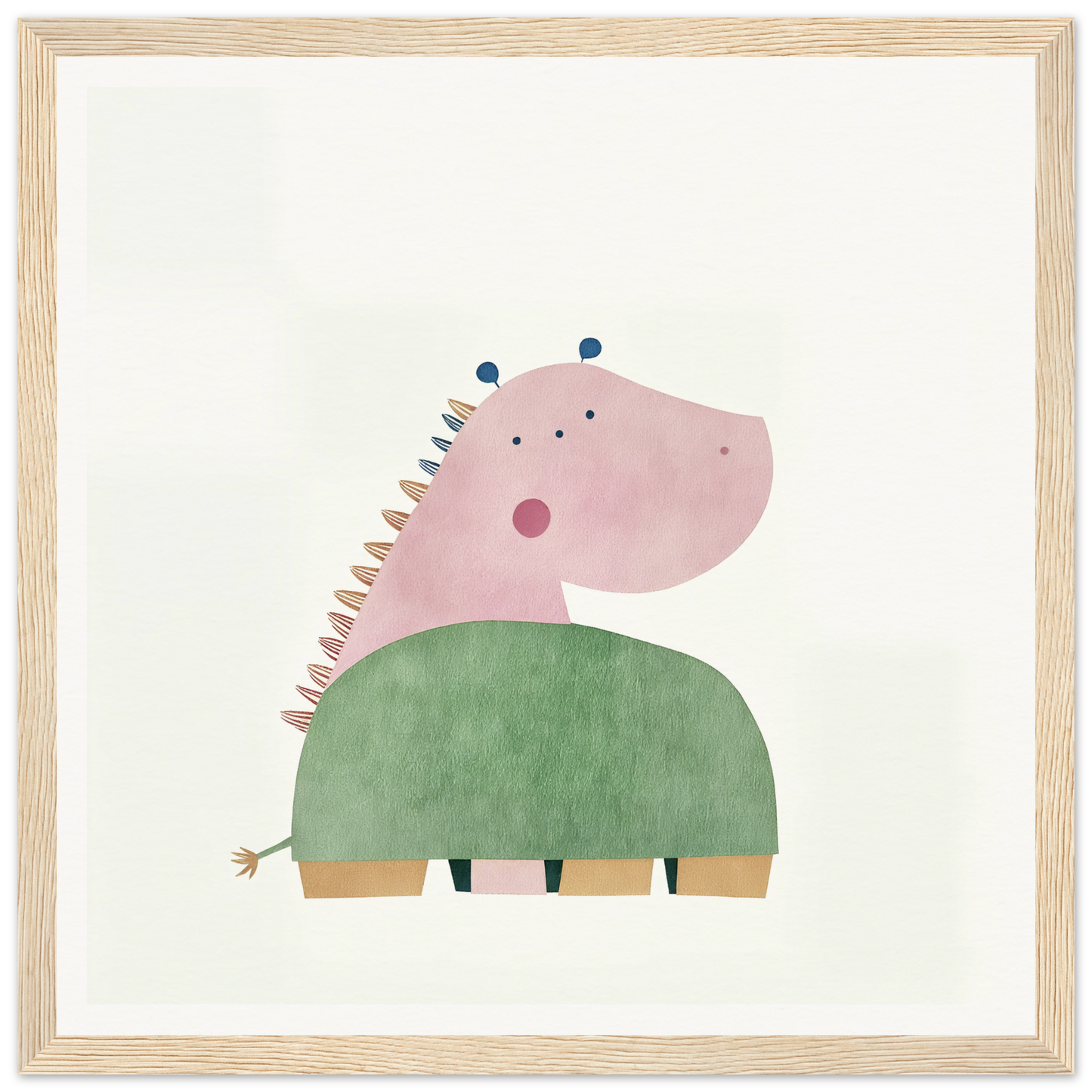 Cute pink and green dinosaur in orange shorts for nursery wall art or decor