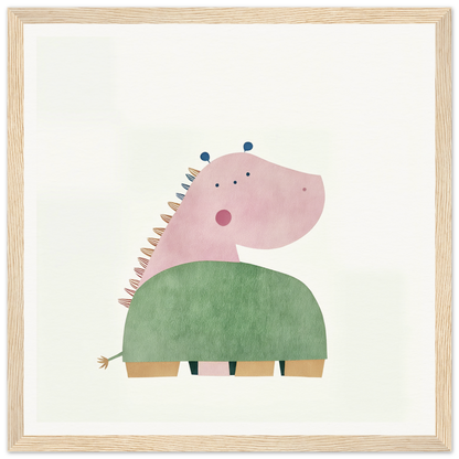 Cute pink and green dinosaur in orange shorts for nursery wall art or decor