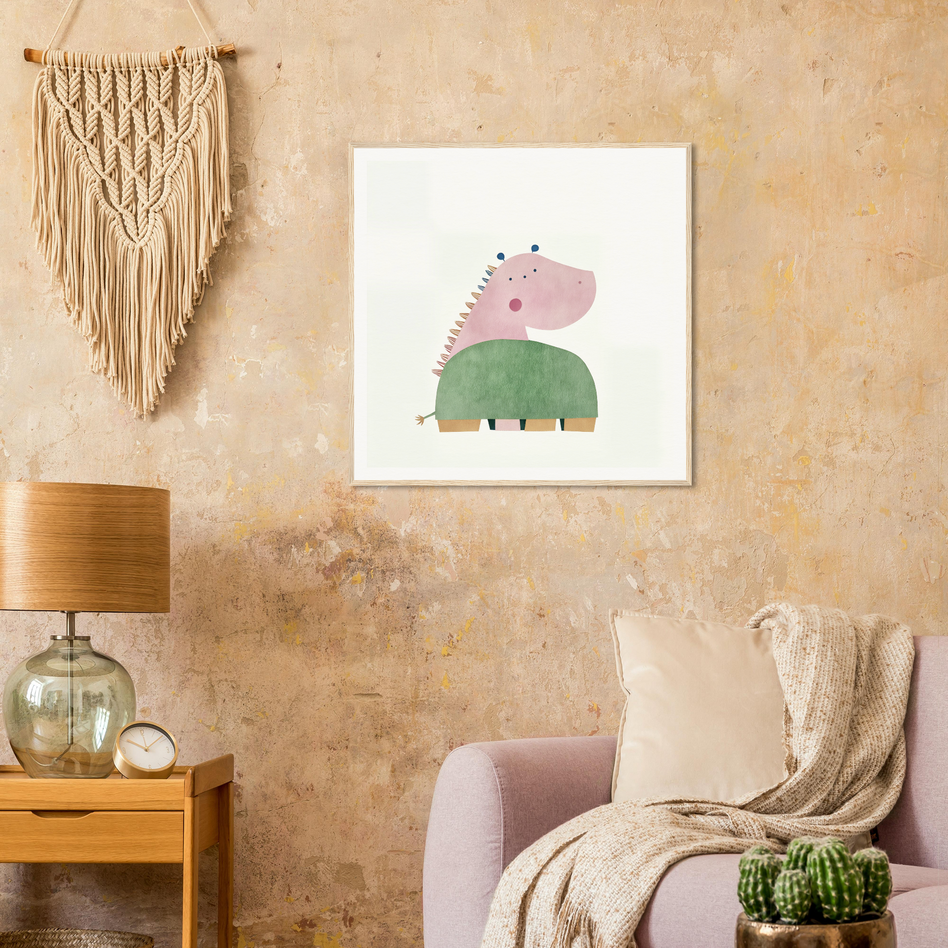 Cute pink and green dinosaur in a sweater, perfect for nursery wall art decor