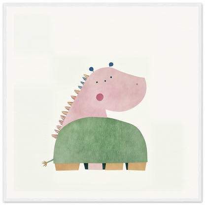 Cute cartoon dinosaur in green shorts, perfect for nursery wall art or decor