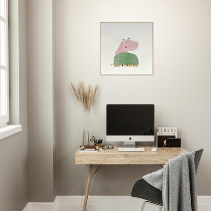 Simple wooden desk with iMac, perfect for stylish nursery decor and framed poster displays