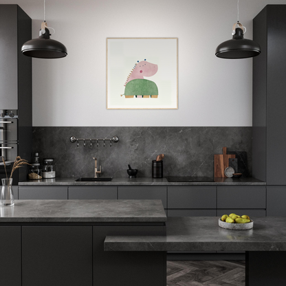 Modern dark kitchen with matte black cabinets and whimsical hippo nursery wall art