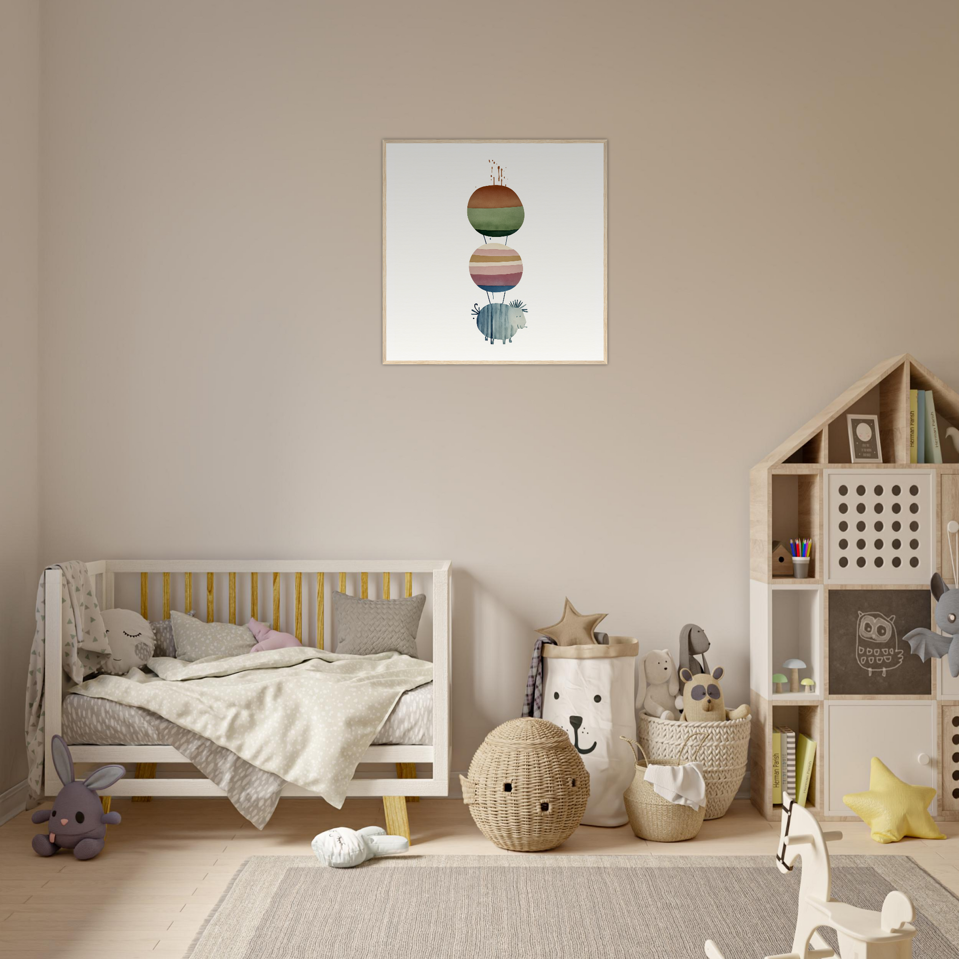 Cozy nursery with a wooden crib, minimalist nursery wall art, and neutral decor