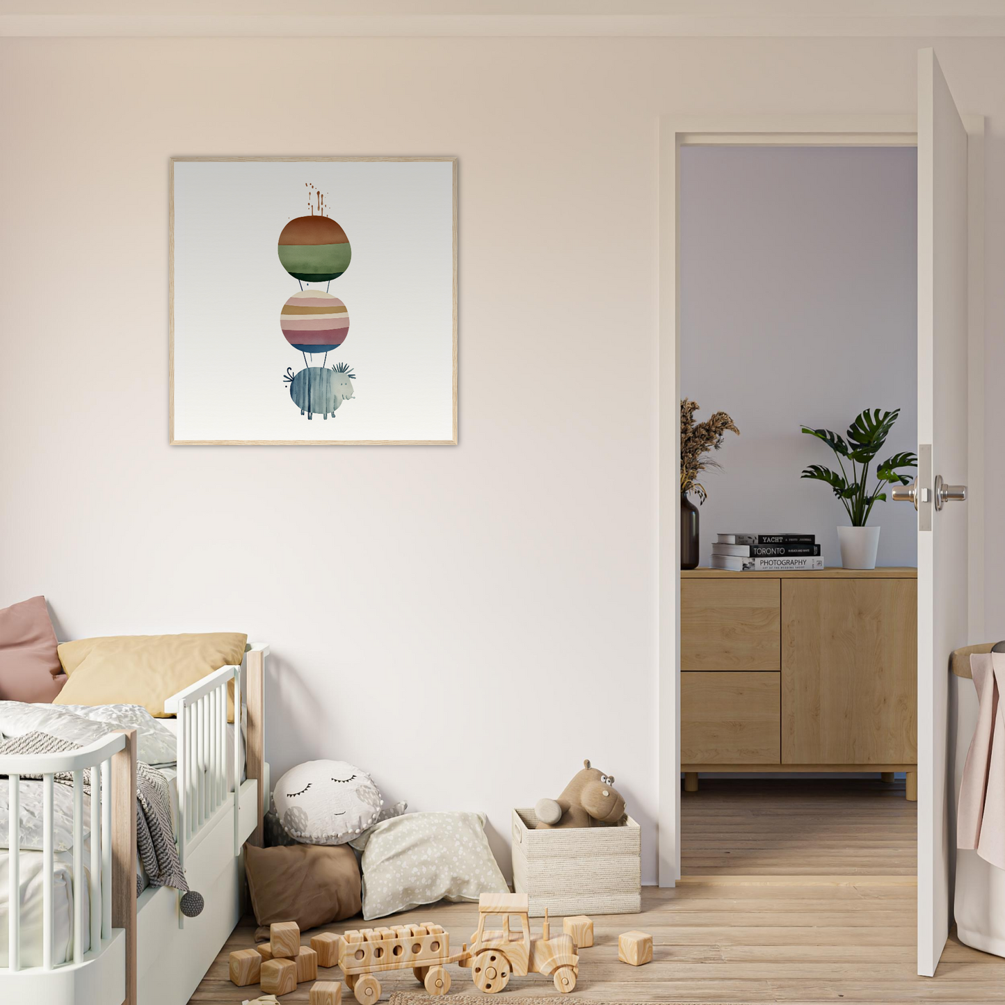 Modern white crib with curved railings perfect for stylish nursery decor or nursery wall art