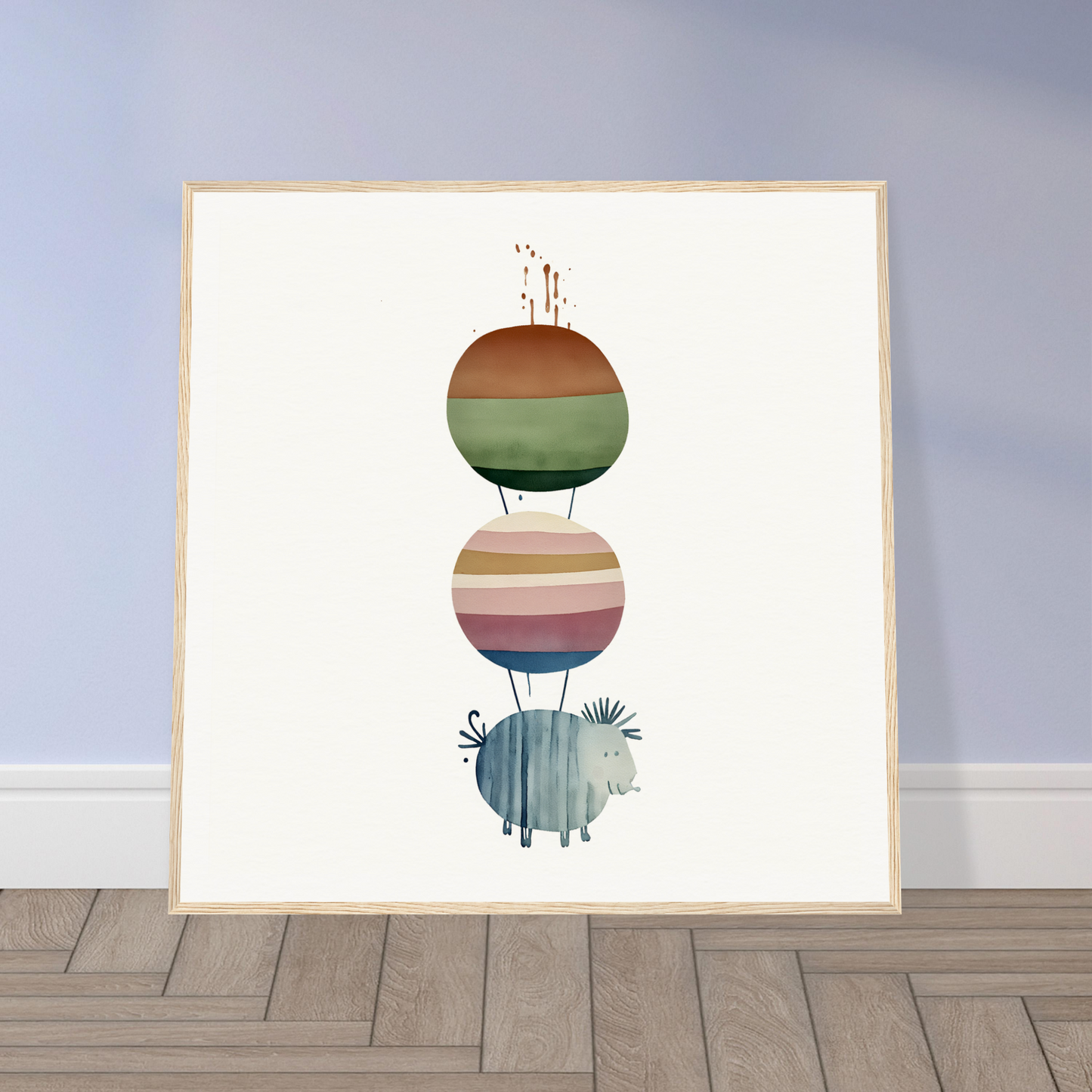 Minimalist nursery wall art with stacked circles and a fun animal shape at the bottom