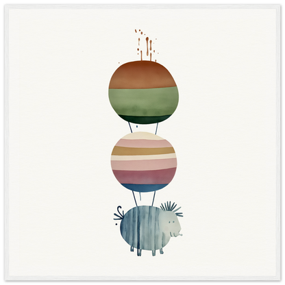 Whimsical hippo-like creature balancing colorful spheres, perfect for nursery wall art