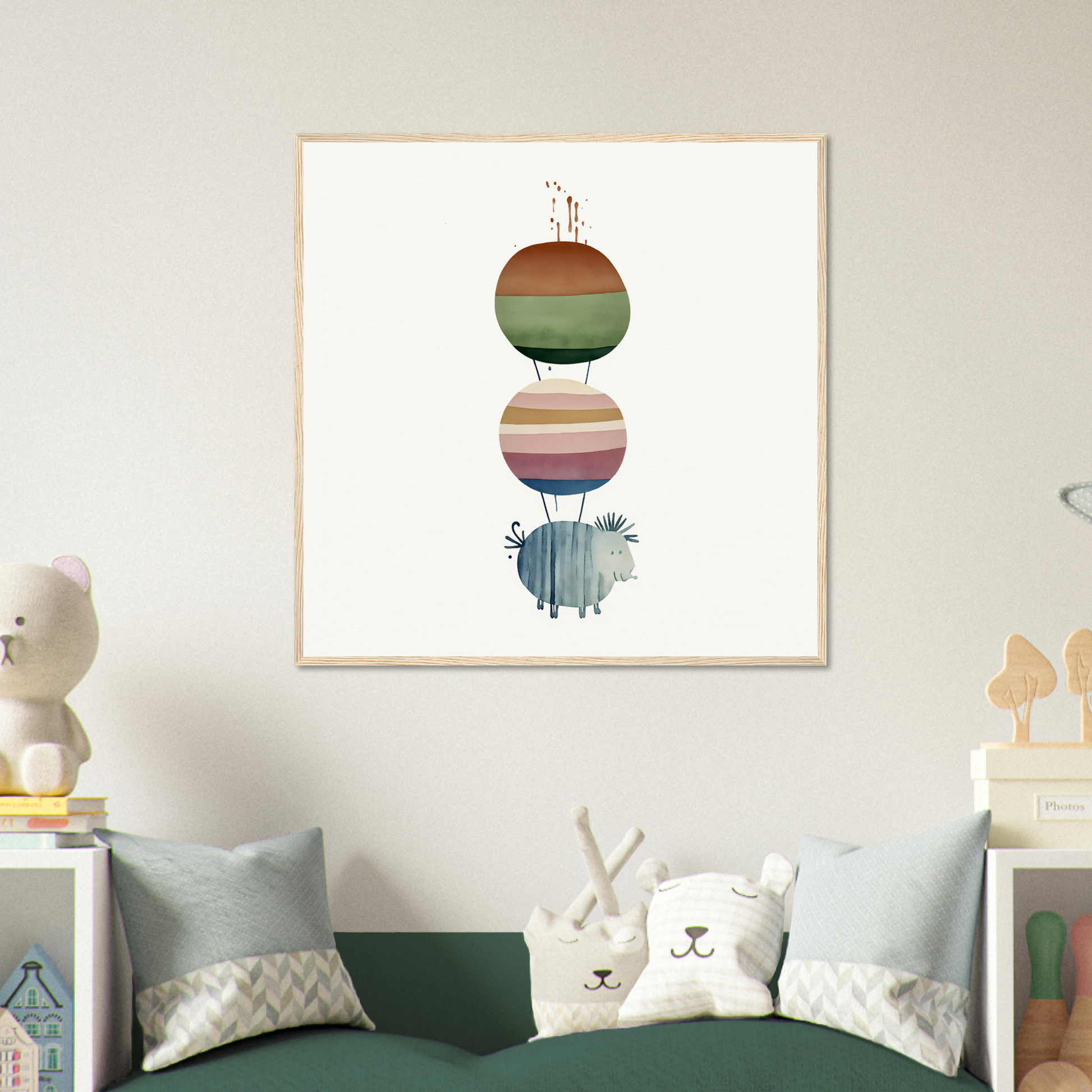 Abstract art print of stacked circles in muted colors for stylish nursery wall art