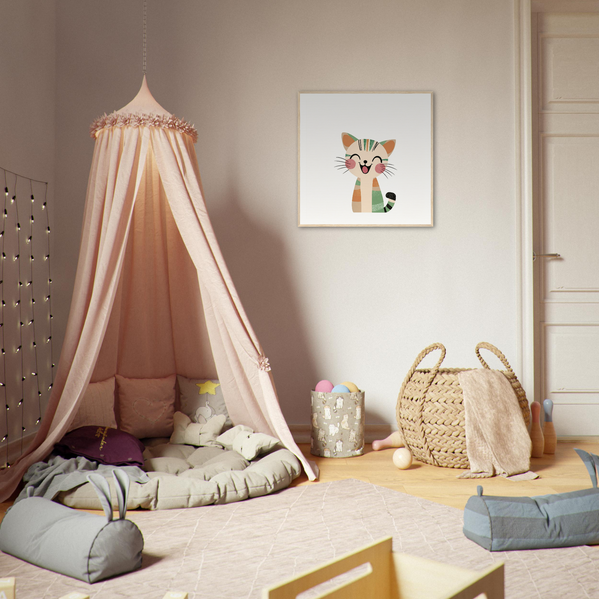 Pink canopy tent with cushions, perfect for nursery decor and cozy vibes