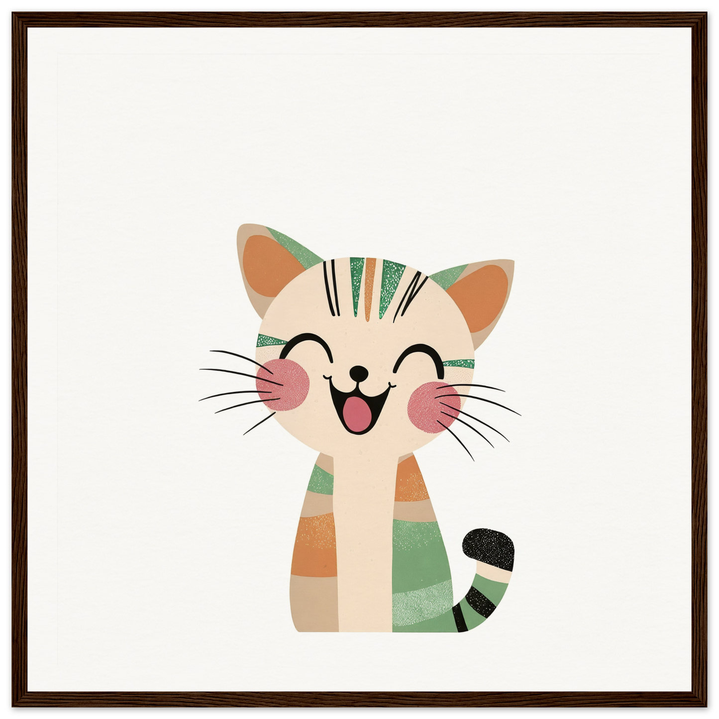 Happy cartoon cat with green and orange stripes for nursery wall art decor