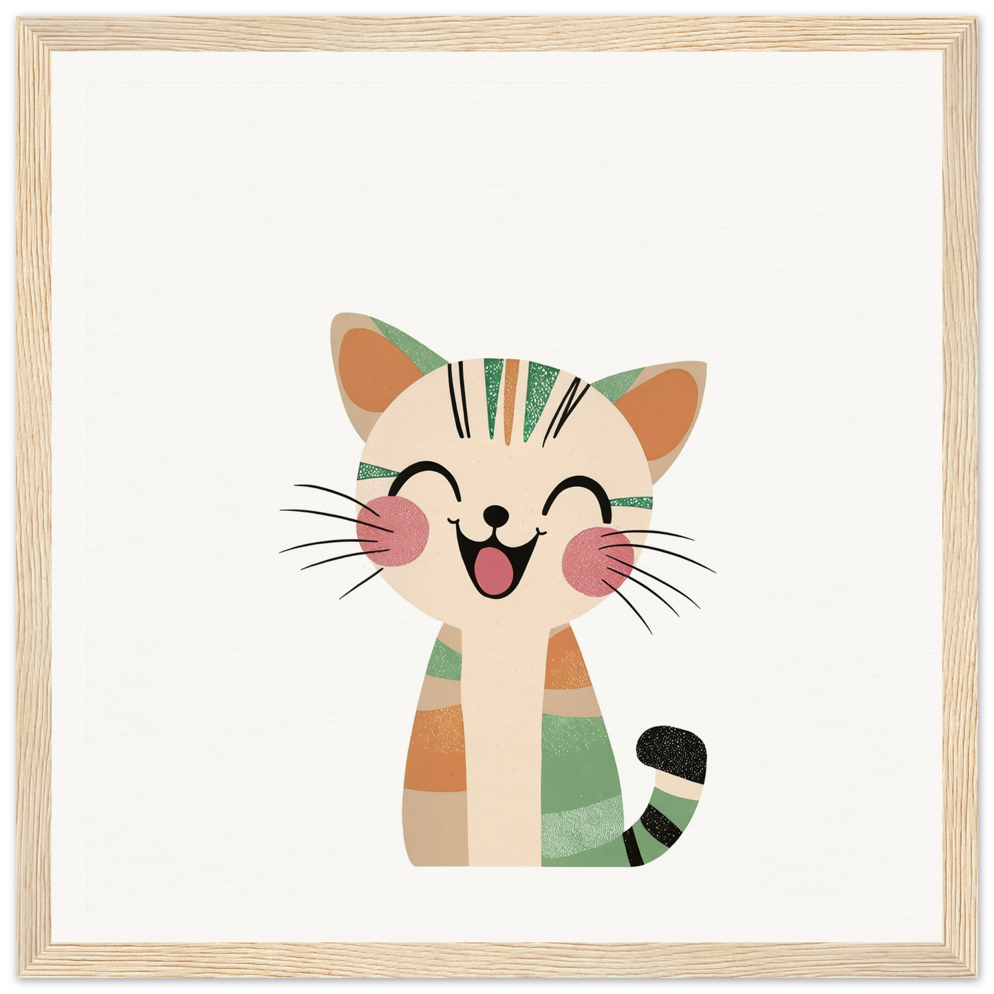 Happy cartoon cat with green and orange stripes, perfect for nursery wall art