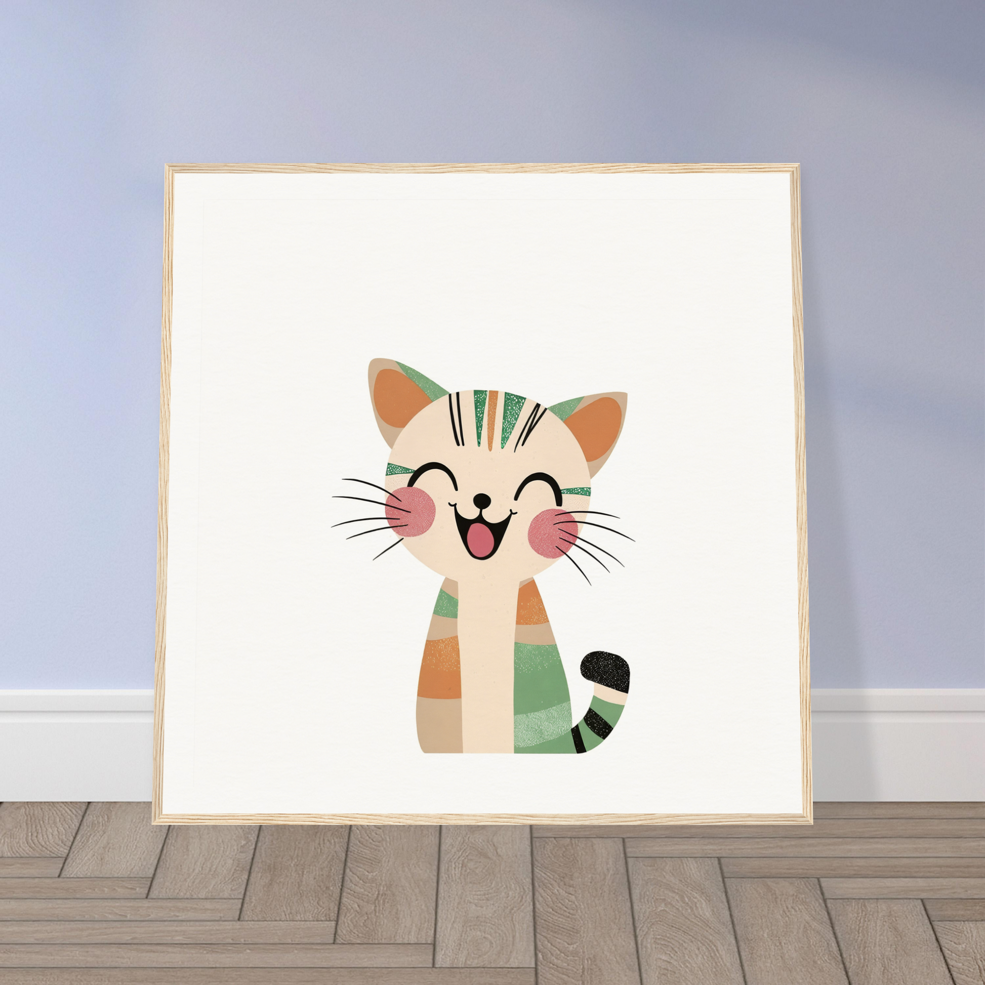 Cute cartoon cat with a happy face for nursery wall art, perfect nursery decor in pastel colors