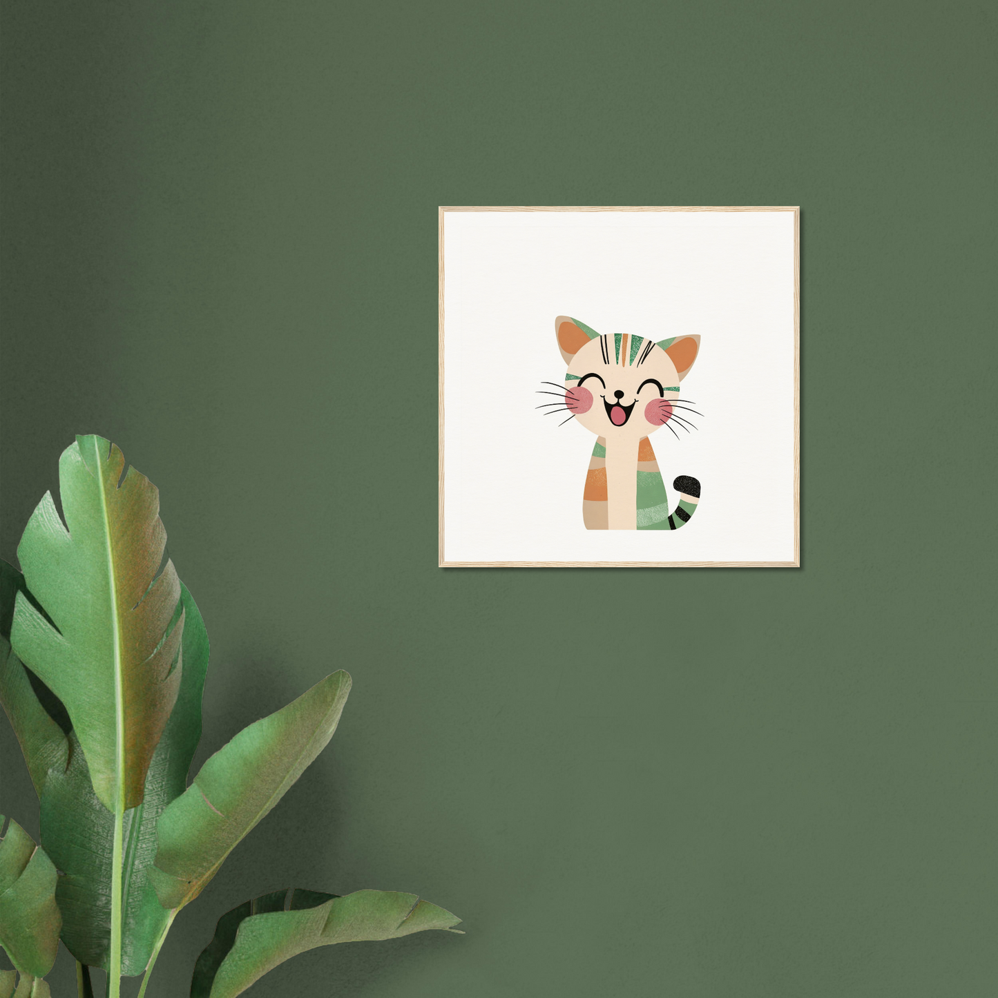 Smiling orange and green striped cat cartoon for cute nursery wall art decor