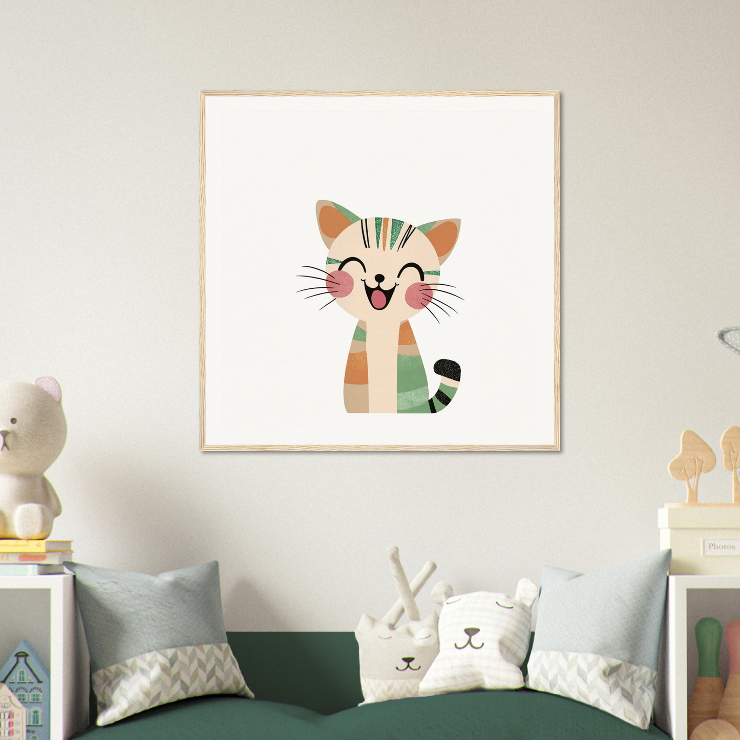 Cute cartoon cat with peach and green stripes for nursery wall art in product128