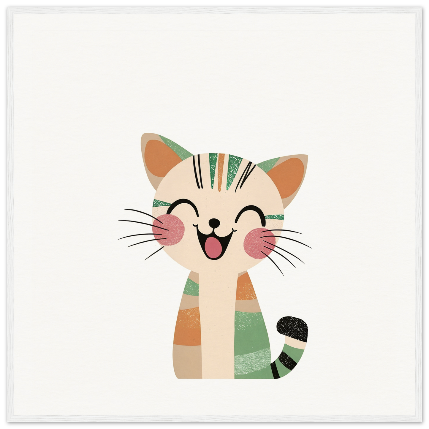 Happy cartoon cat with green and orange stripes for nursery wall art or decor