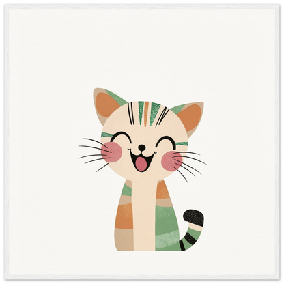 Happy cartoon cat with green and orange stripes for nursery wall art or decor