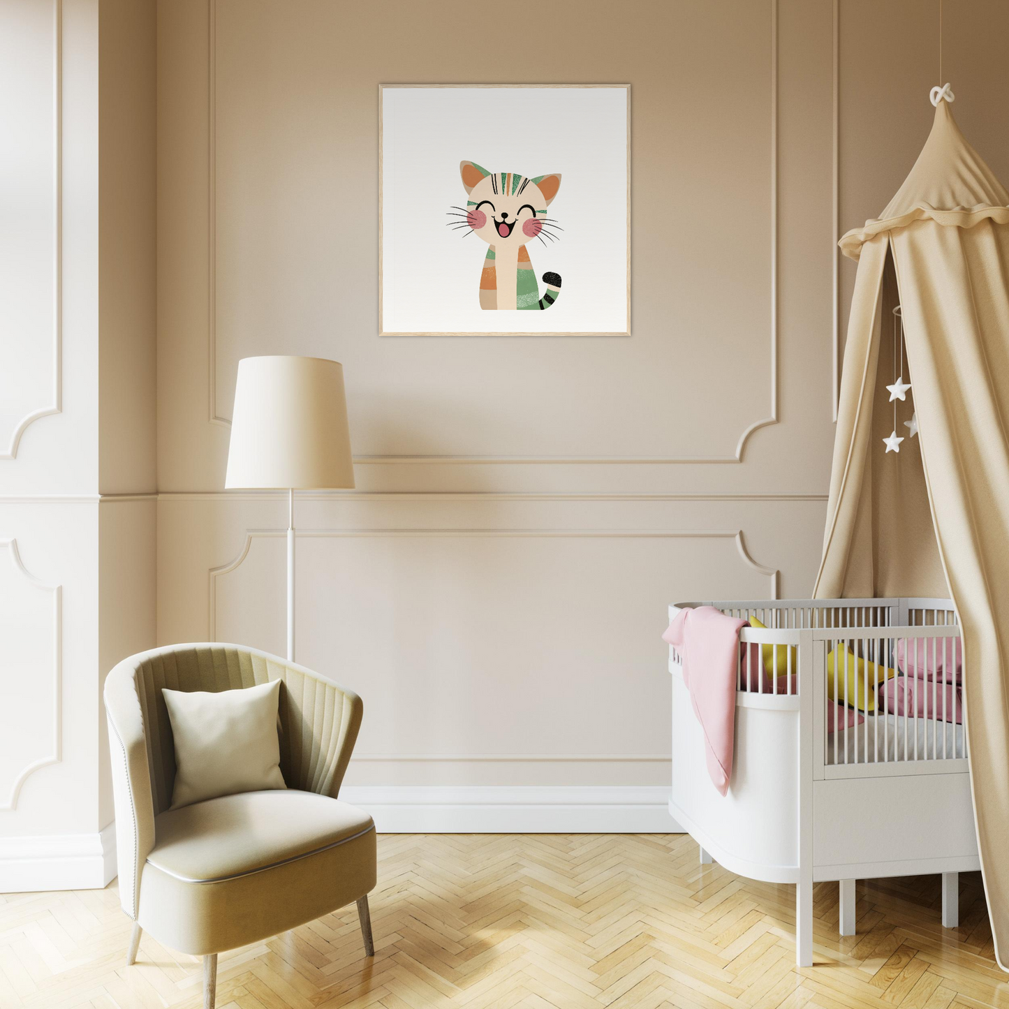 Stylish Nursery room featuring a white crib, beige canopy, and cute nursery wall art